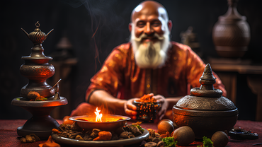 an old man sitting next to lamp, herbs and a fire in a bowl