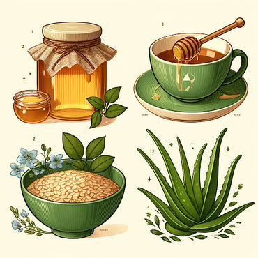 Ingredients of natural skin care beauty rituals: honey, green tea, oats, and aloe vera.