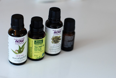 bottles of eucalyptus oil with product labels.