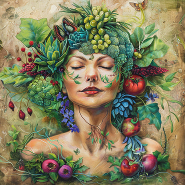 Painting of a woman who is surrounded by gorgeous abundance of fruit, vegetables and natural skin care ingredients.