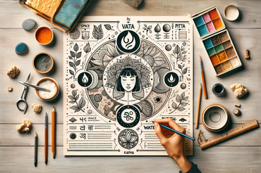 An infographic on ayurveda doshas and skincare. A hand drawn sketch is placed on a table surrounded by ayurvedic skincare products. The sketch shows a woman in the middle surrounded by ayurveda symbols, doshas and herbs.