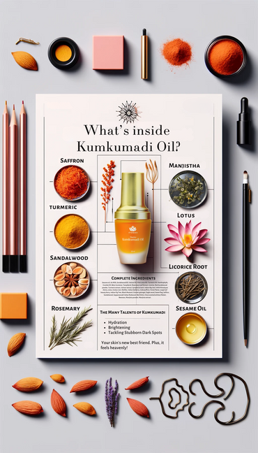Infographic: What's inside Kumkumadi Oil? The ingredients of kumkumadi oil including Saffron, turmeric, sandalwood, rosemary, manjistha, lotus, licorice root, sesame oil and other ayurvedic herbs.