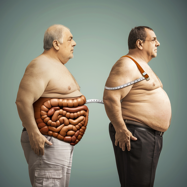 an older version of a person standing next to him, inside of stomach and liver shown in place of the stomach for the older version.