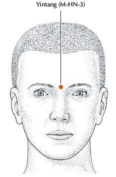 hand sketch of a man, the area between eyebrows is marked with a red dot showing the point yintang (or third eye).